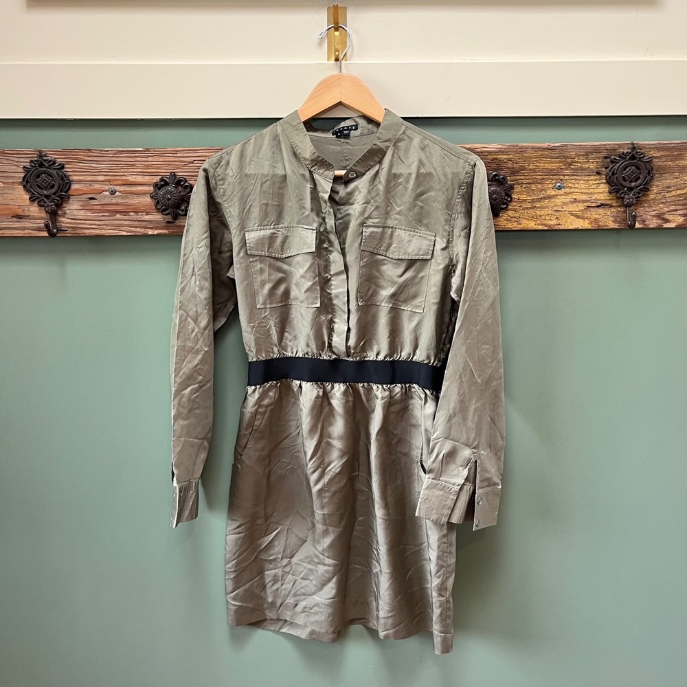 Theory Olive Green Silk Blend Utility Mini Shirtdress Size 6 Mandarin Collar